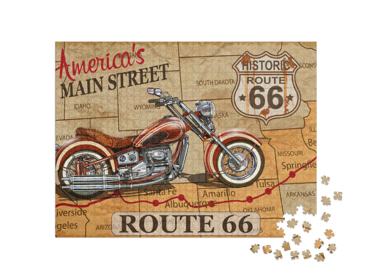 Puzzle 1000 Teile „Vintage Motorrad Poster: Route 66“