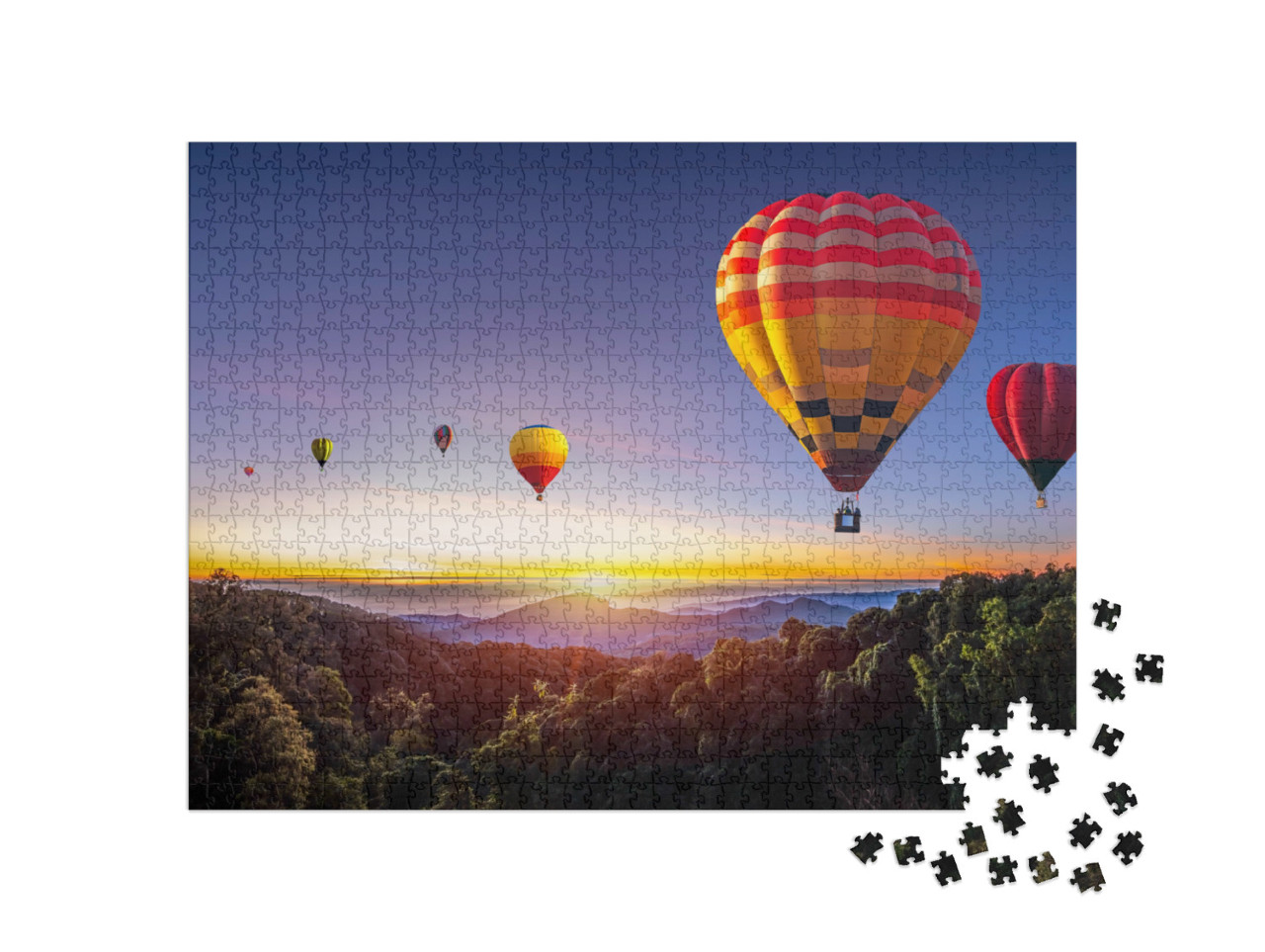 Puzzle 1000 Teile „Heißluftballons fahren über den Berg am Dot Inthanon in Chiang Mai, Thailand“