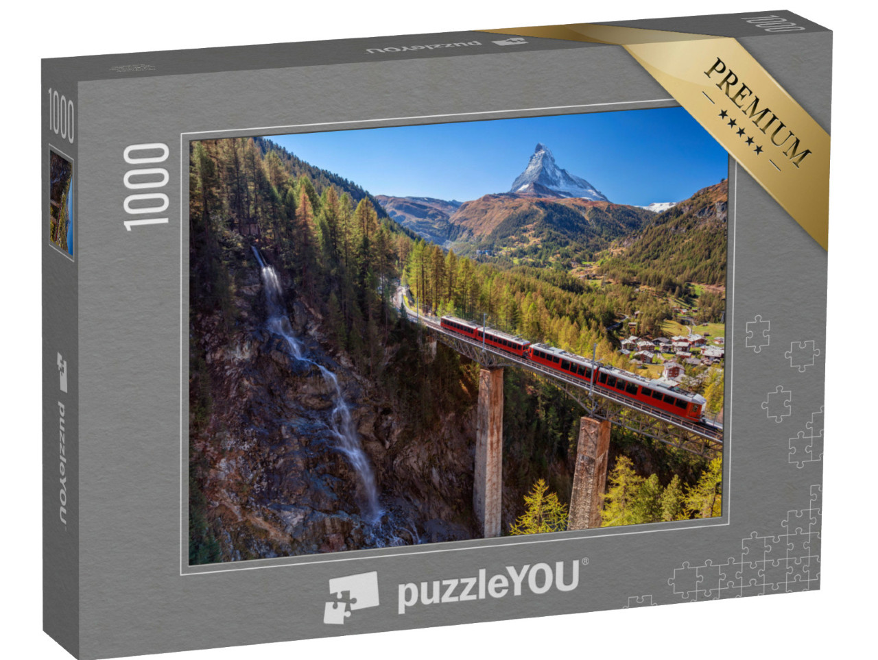 Puzzle 1000 Teile „Wasserfall am Matterhorn: Schweizer Alpen im Wallis“