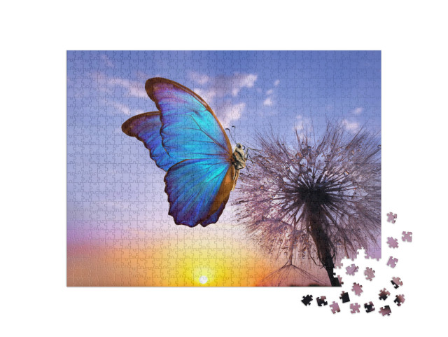 Puzzle 1000 Teile „Der blaue Morpho Schmetterling auf einer Pusteblume“