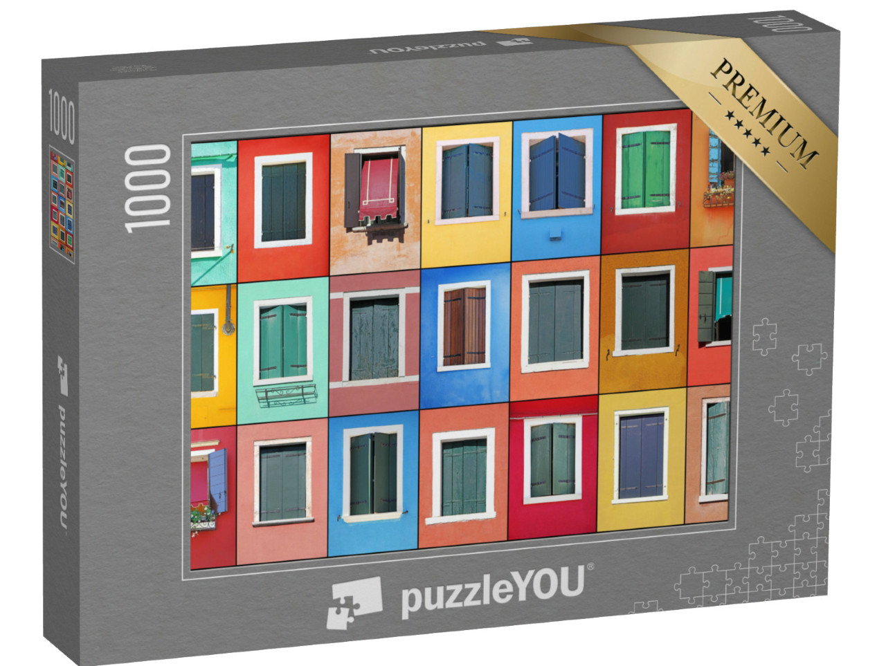 Puzzle 1000 Teile „Collage aus bunten Fenstern in Burano, Venedig, Italien“