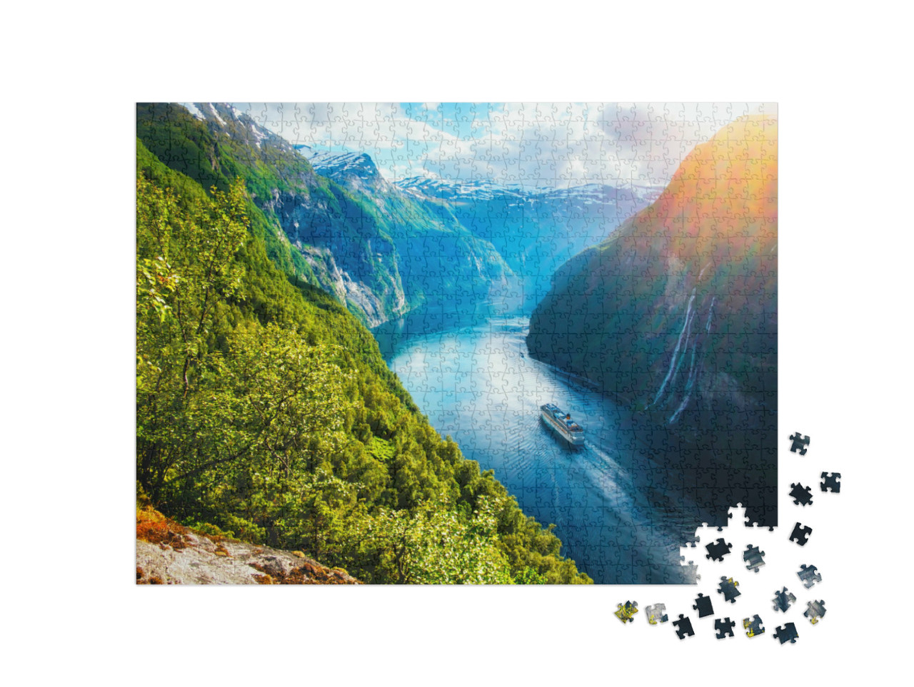Puzzle 1000 Teile „Blick auf Sunnylvsfjorden: Fjord mit Kreuzfahrtschiff und Wasserfall, Norwegen“