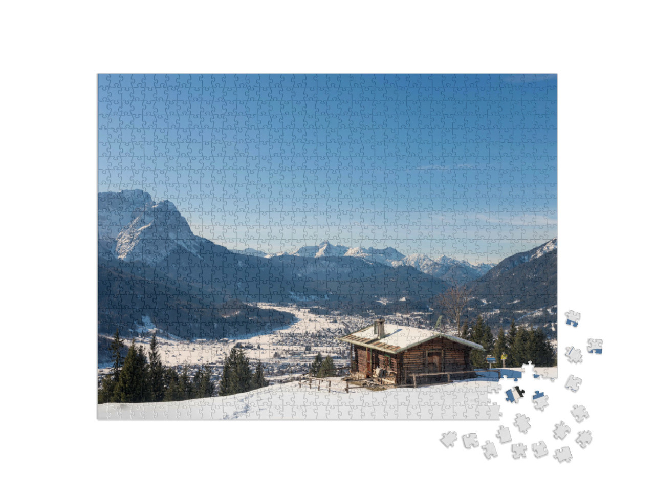 Puzzle 1000 Teile „Winterliche Almhütte mit Zugspitze und Garmisch-Partenkirchen, Bayern“