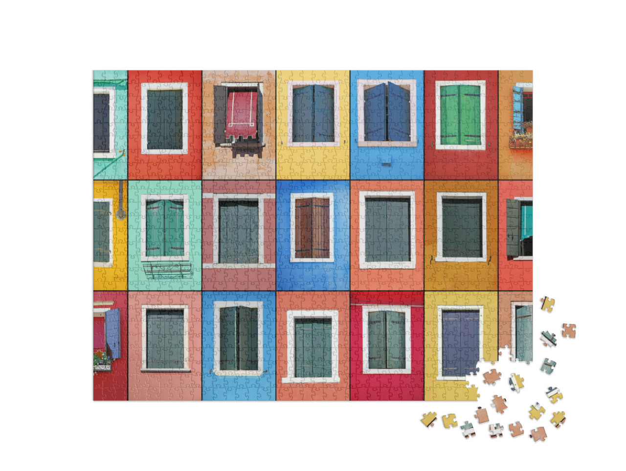 Puzzle 1000 Teile „Collage aus bunten Fenstern in Burano, Venedig, Italien“
