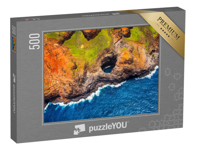 Puzzle 500 Teile „Luftaufnahme der Na-Pali-Küste mit offener Höhle, Kauai, Hawaii“