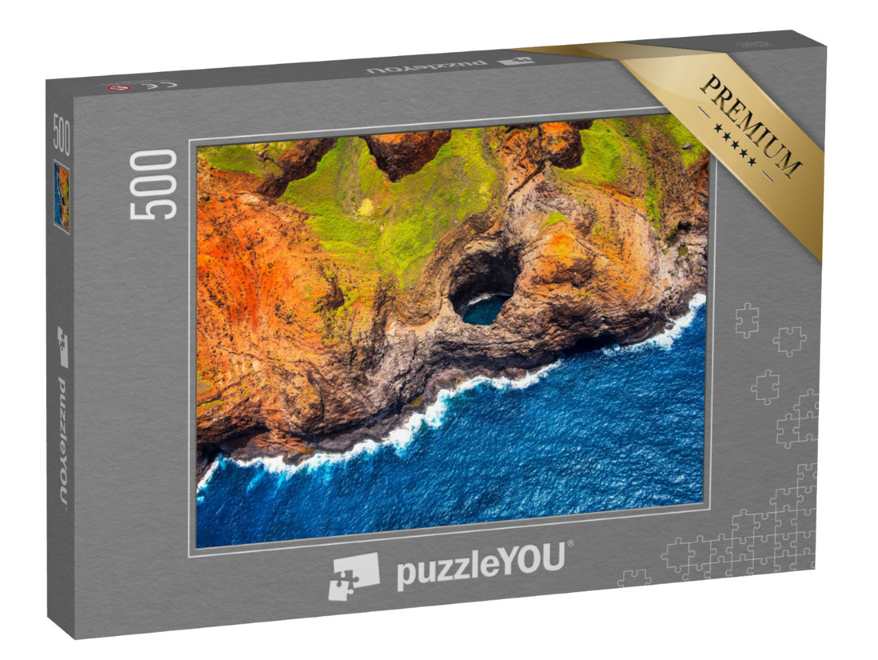 Puzzle 500 Teile „Luftaufnahme der Na-Pali-Küste mit offener Höhle, Kauai, Hawaii“