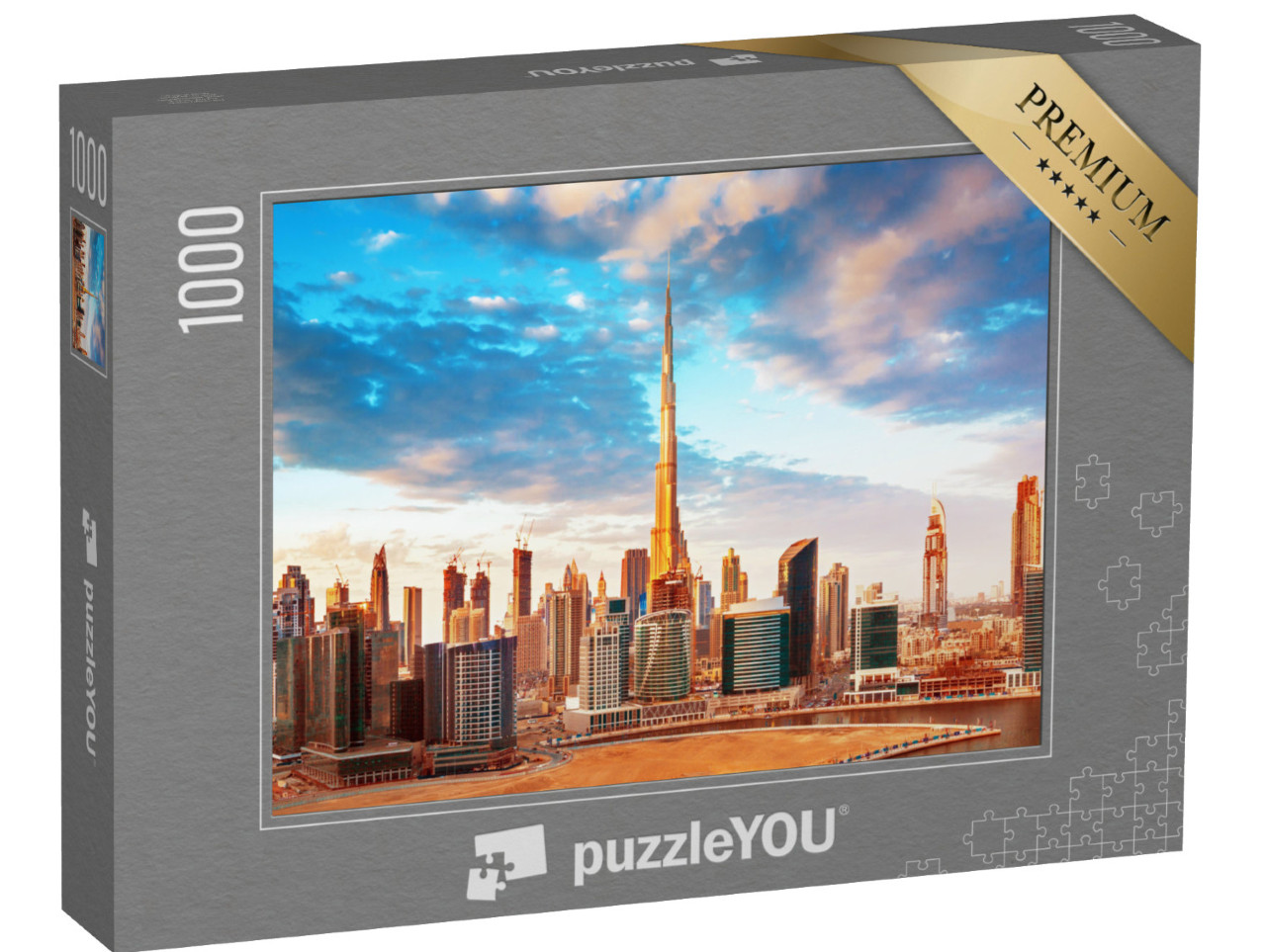 Puzzle 1000 Teile „Blick bei Sonnenuntergang auf die Skyline von Dubai“