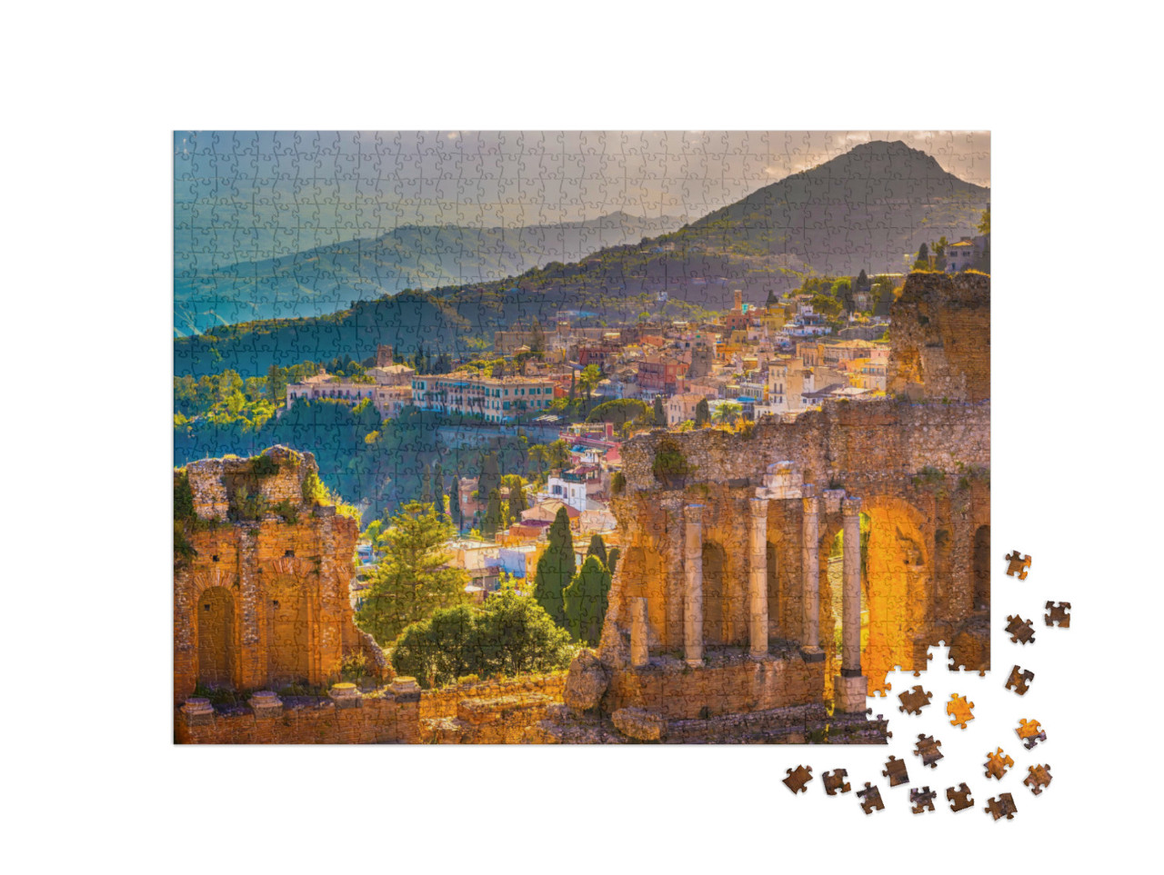 Puzzle 1000 Teile „Ruinen von Taormina: Theater bei Sonnenuntergang, Sizilien, Italien“