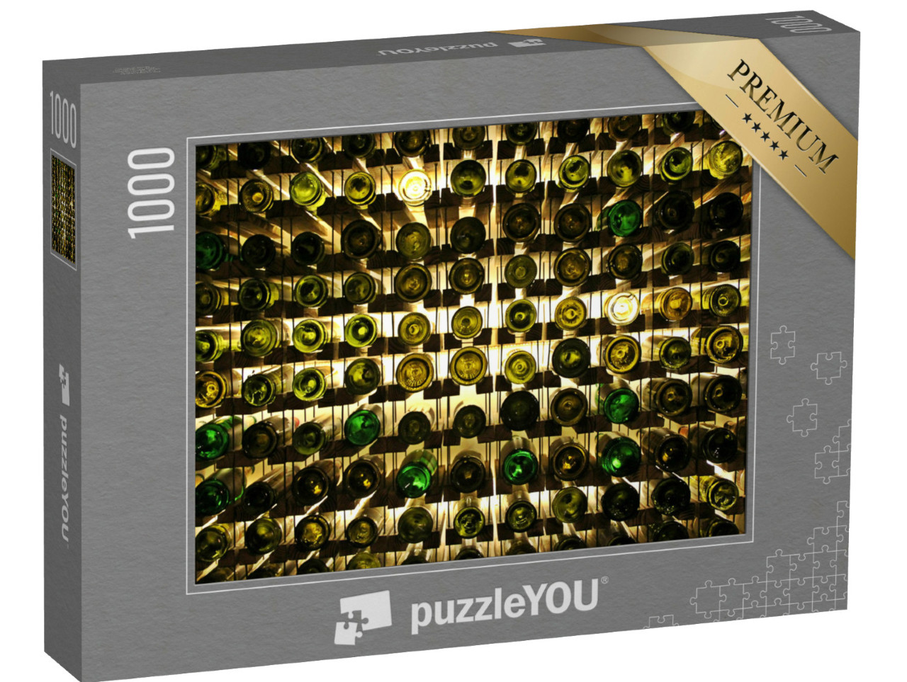 Puzzle 1000 Teile „Abstrakte Fotografie: Weinflaschen im Weinregal“