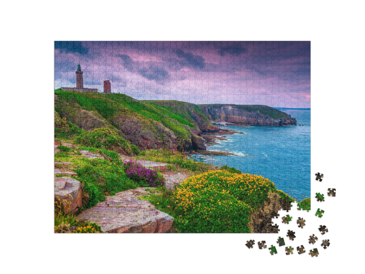 Puzzle 1000 Teile „Leuchtturm von Cap Frehel an der felsigen Küstenlinie der Bretagne, Frankreich,“