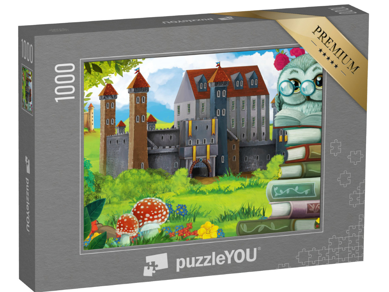 Puzzle 1000 Teile „Gartenszene mit Waldtieren und Schloss“