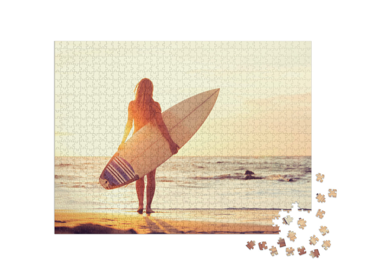 Puzzle 1000 Teile „Surferin am Strand bei Sonnenuntergang“