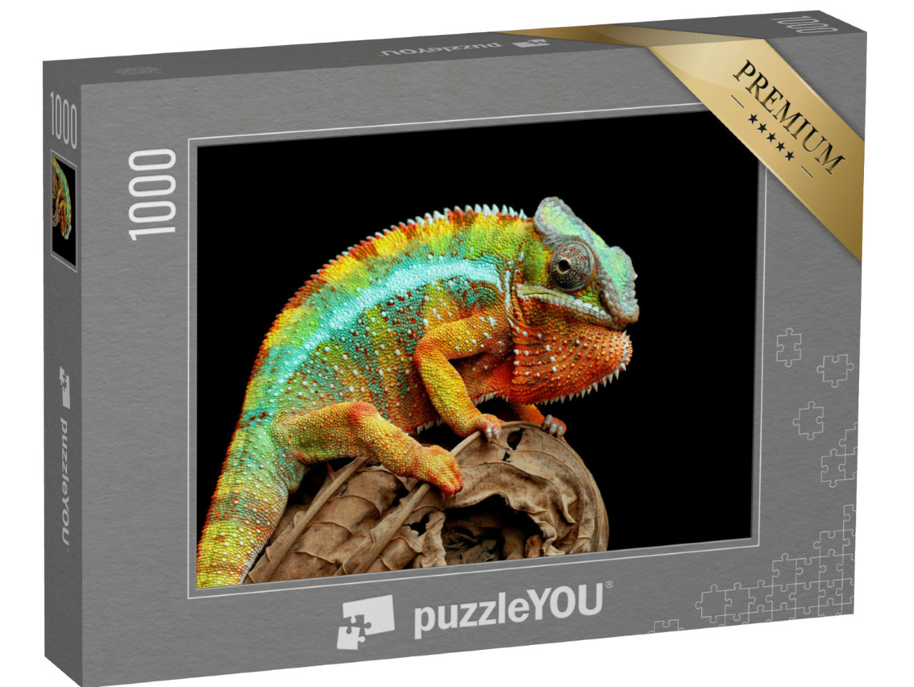 Puzzle 1000 Teile „Chamäleon Panther auf trockenen Blättern“