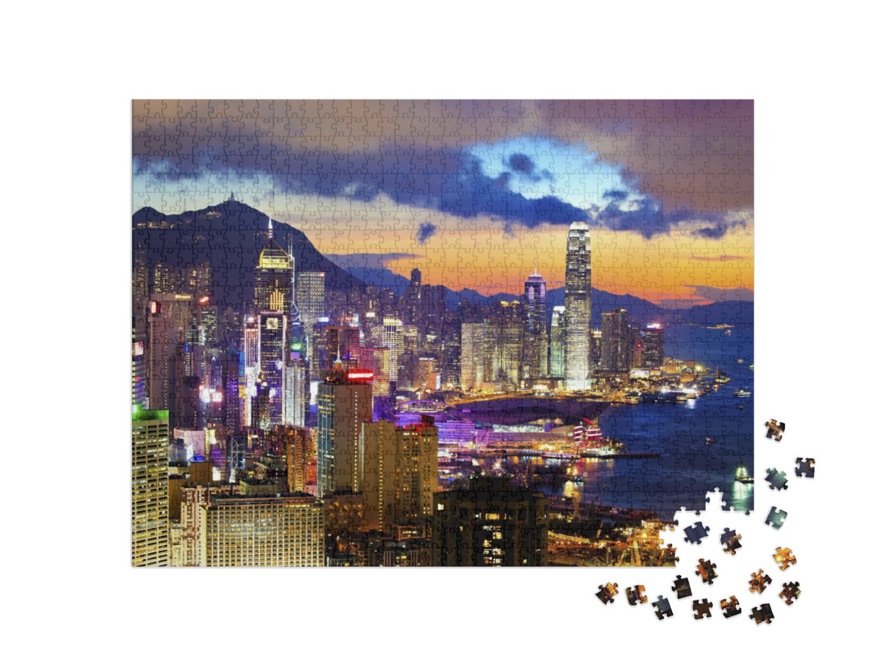 Puzzle 1000 Teile „Hell erleuchtetes Hongkong im Sonnenuntergang“