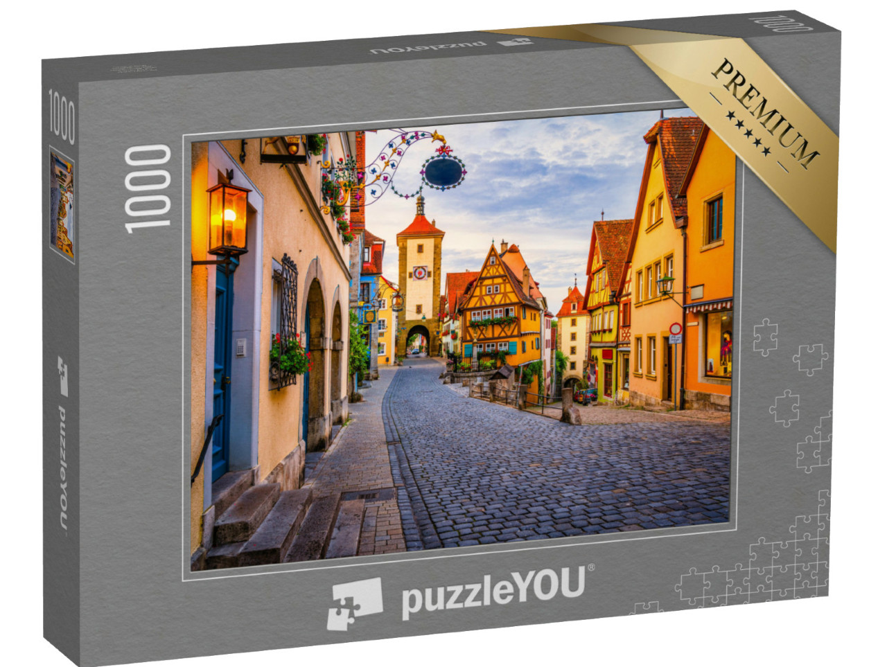 Puzzle 1000 Teile „Morgenansicht der Unteren Schmiedgasse in Rothenburg ob der Tauber, Bayern“