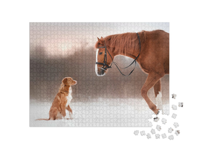Puzzle 1000 Teile „Freundschaft: Pferd und Hund beim Spaziergang durch den Schnee“