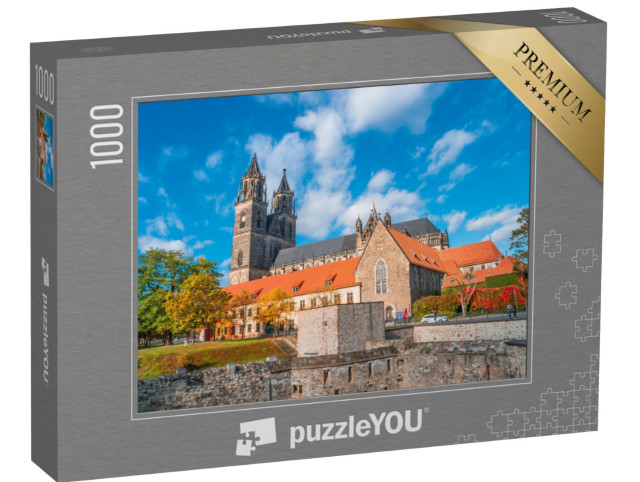 Puzzle 1000 Teile „Der prächtige Magdeburger Dom bei Sonnenuntergang im Herbst, Sachsen-Anhalt“