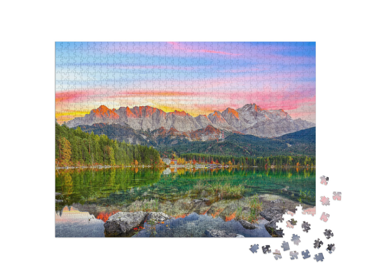 Puzzle 1000 Teile „Herbstlandschaft des Eibsees vor dem Zugspitzgipfel bei Sonnenuntergang“