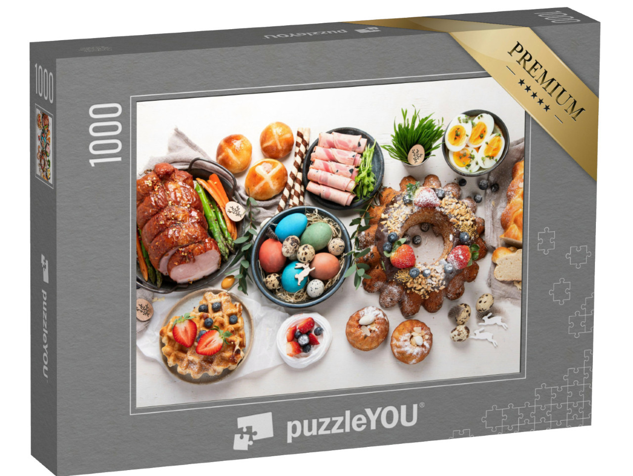 Puzzle 1000 Teile „Traditionelles Osteressen mit Schinken, bunten Eiern und Kuchen“