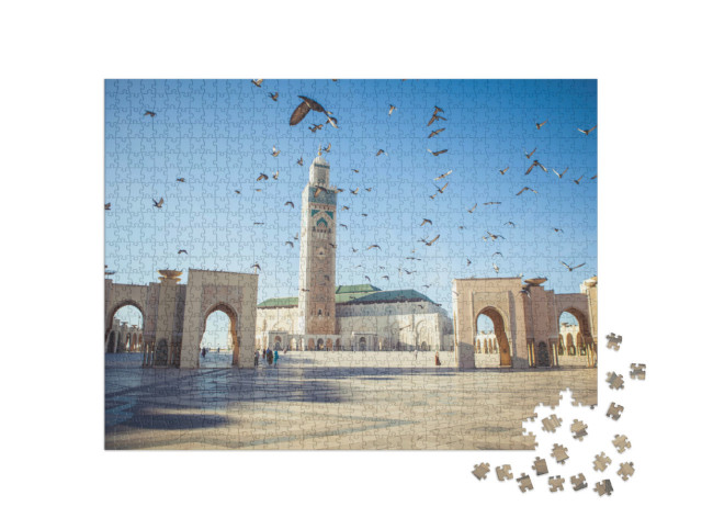 Puzzle 1000 Teile „Tauben über der Moschee Hassan II in Casablanca, Marokko“