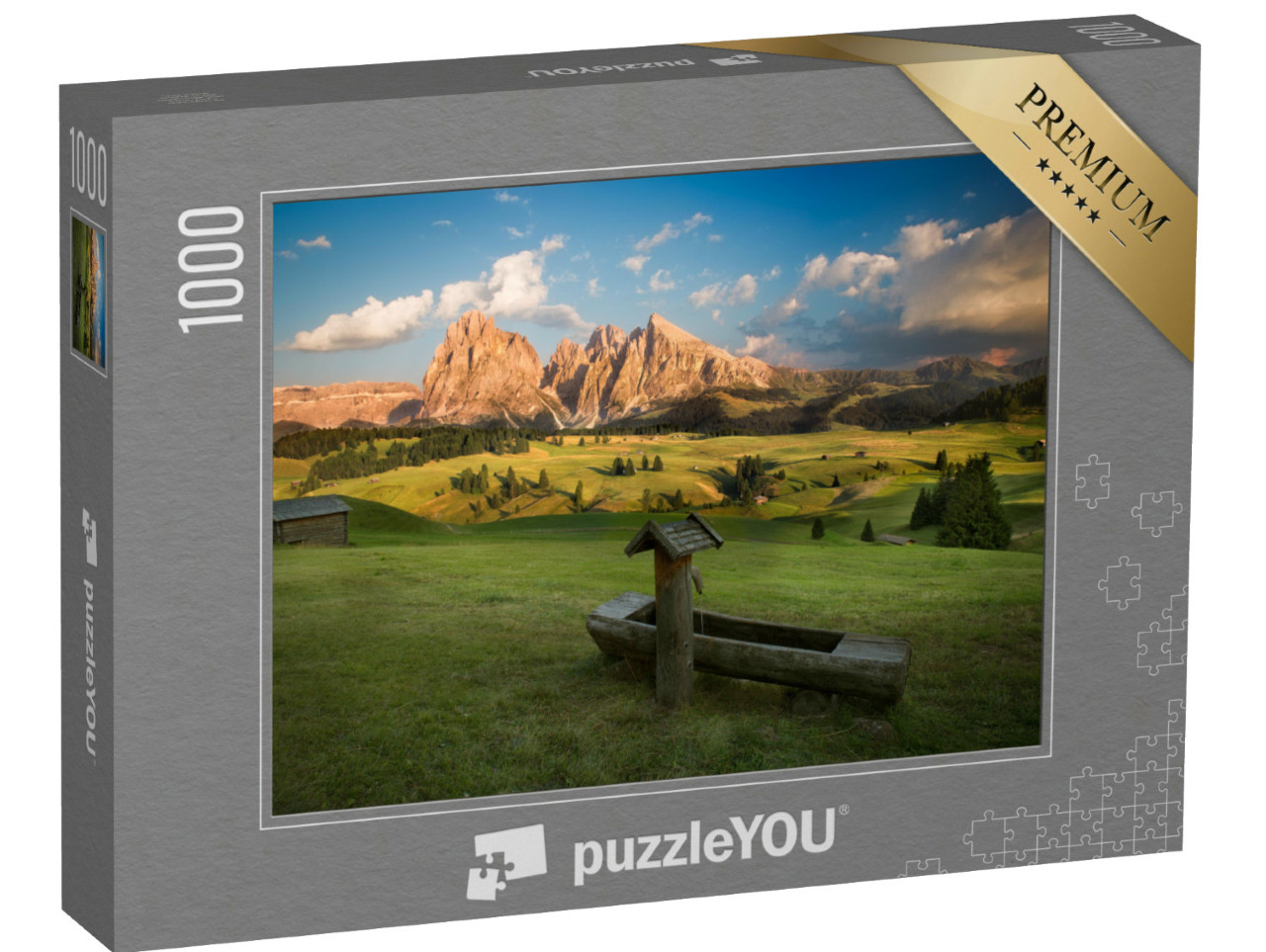 Puzzle 1000 Teile „Seiser Alm mit Langkofelgruppe im Sonnenuntergang, Südtirol, Italien“