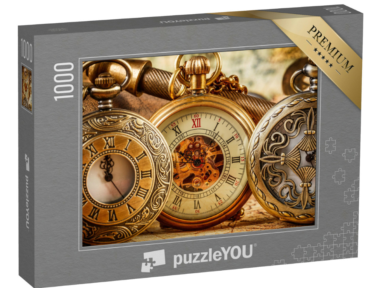 Puzzle 1000 Teile „Drei antike Taschenuhren in Gold auf einer Weltkarte“