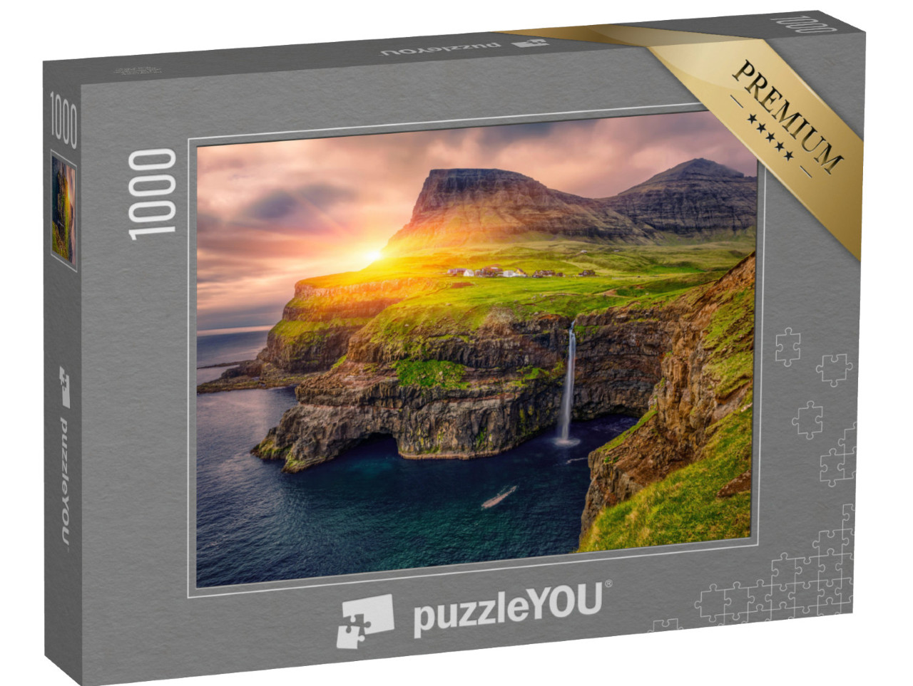 Puzzle 1000 Teile „Wasserfall in Gasadalur bei Sonnenuntergang“