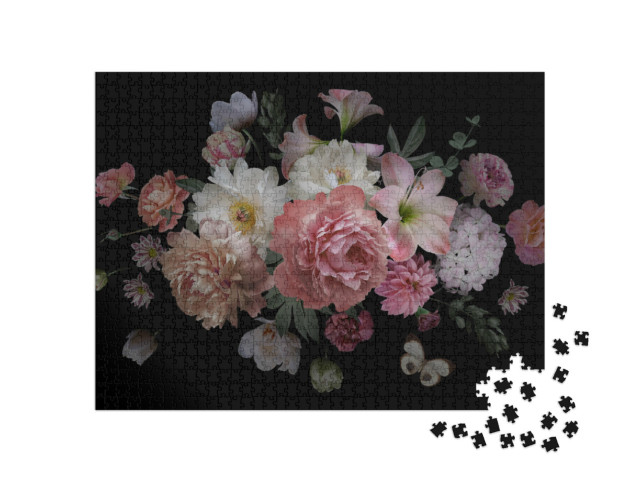 Puzzle 1000 Teile „Barocker Blumenstrauß aus Pfingstrosen, Rosen und Tulpen“