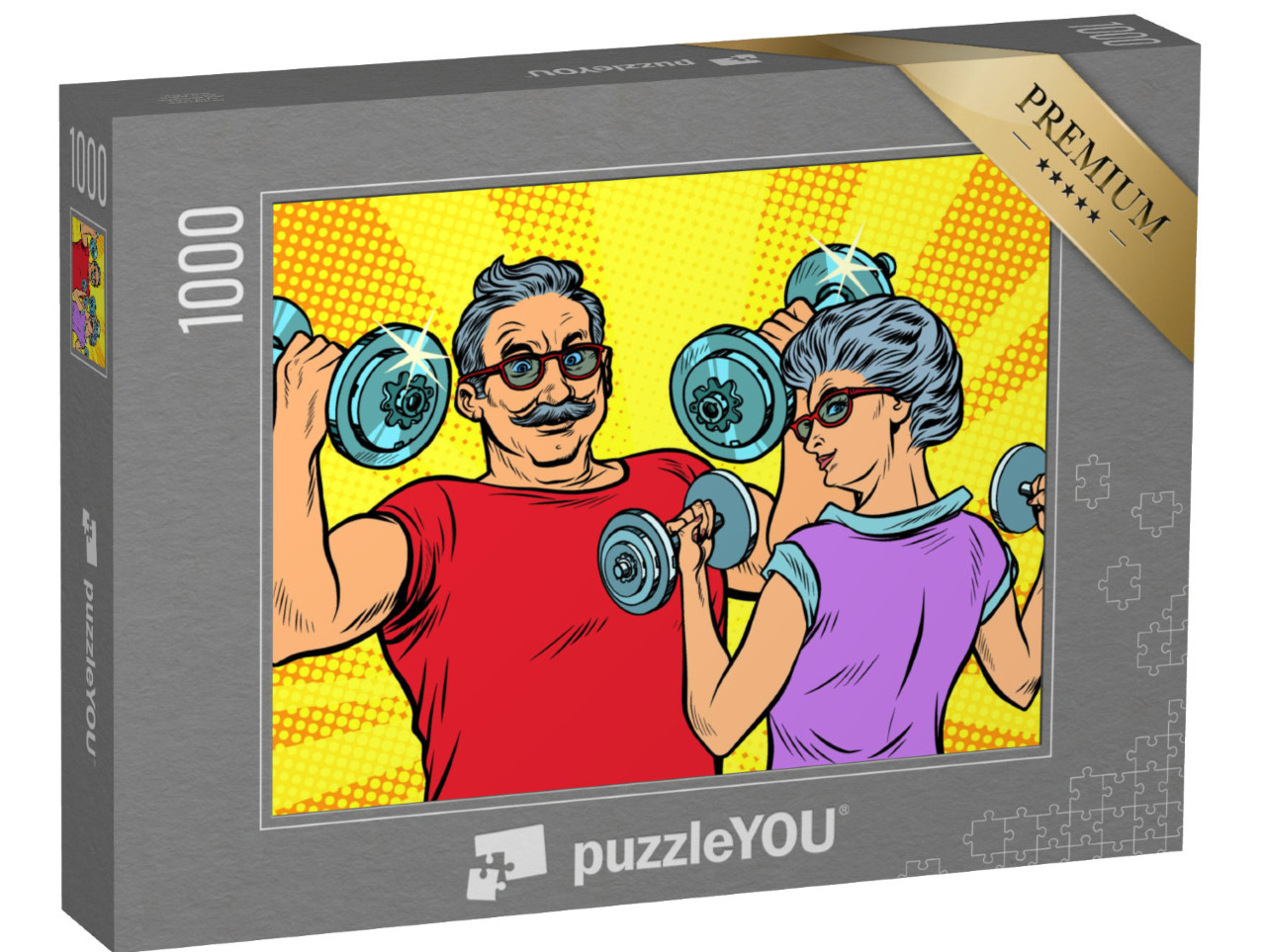 Puzzle 1000 Teile „Oma und Opa machen Fitness: Pop-Art-Stil“