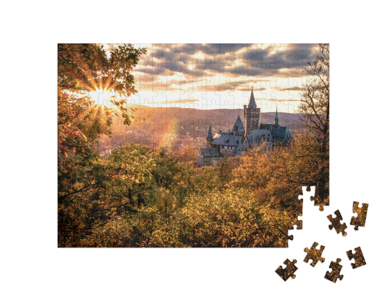 Puzzle 200 Teile „Schloss Wernigerode im herbstlichen Sonnenuntergang“