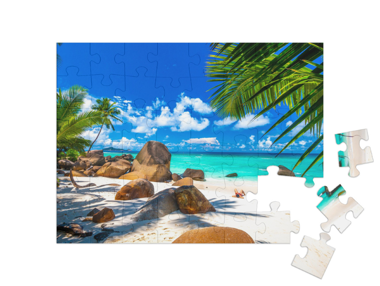 Puzzle 48 Teile „Strand auf den Seychellen mit Granitfelsen“