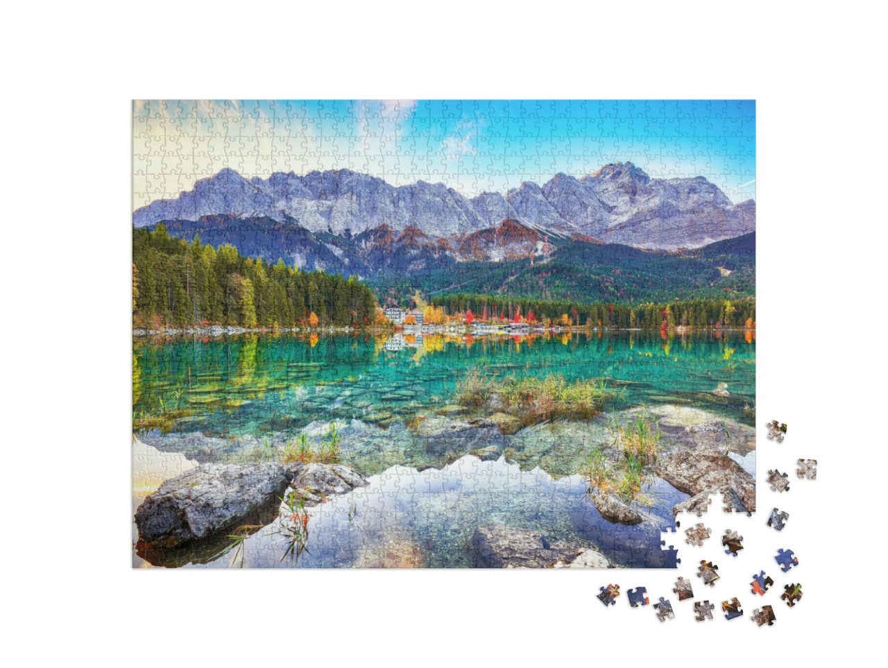 Puzzle 1000 Teile „Herbst am Eibsee, Bayerische Alpen, Deutschland“