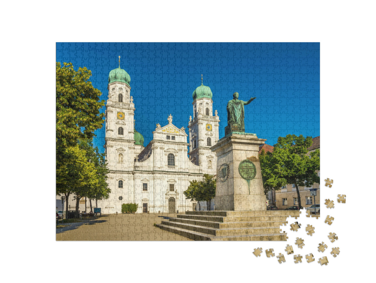 Puzzle 1000 Teile „Blick auf den Stephansdom mit Denkmal, Passau, Bayern“