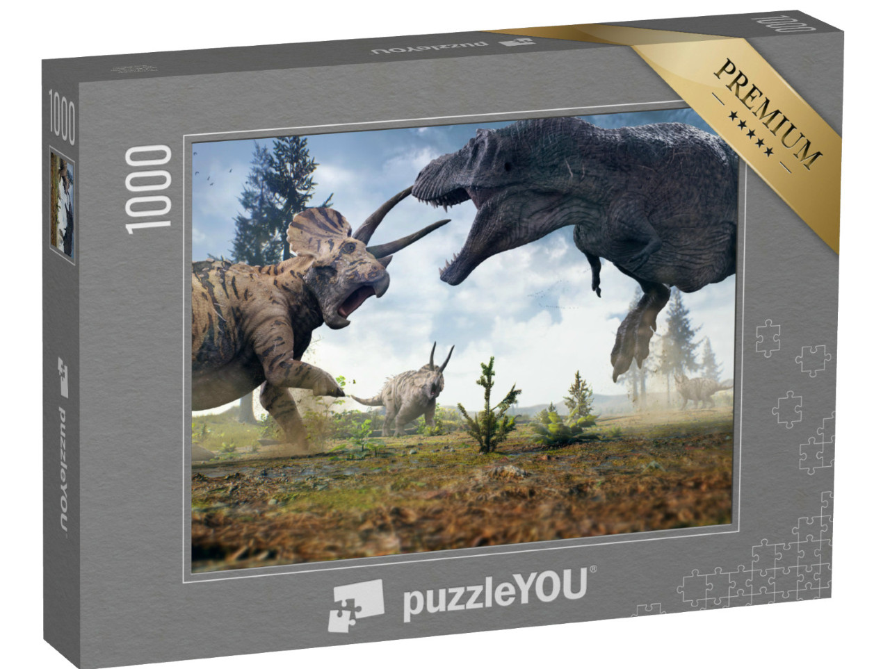Puzzle 1000 Teile „Ein Tyrannosaurus Rex im Kampf gegen eine Triceratops-Herde“
