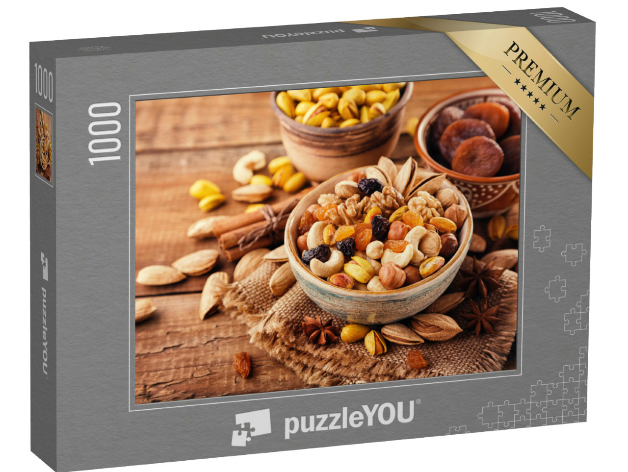 Puzzle 1000 Teile „Mischung aus Nüssen und Trockenfrüchten in verschiedenen Schalen“