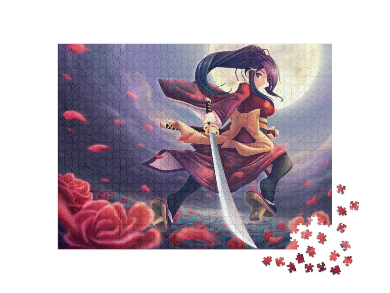 Puzzle 1000 Teile „Rosen-Samurai: ein Mädchen im Anime-Stil“