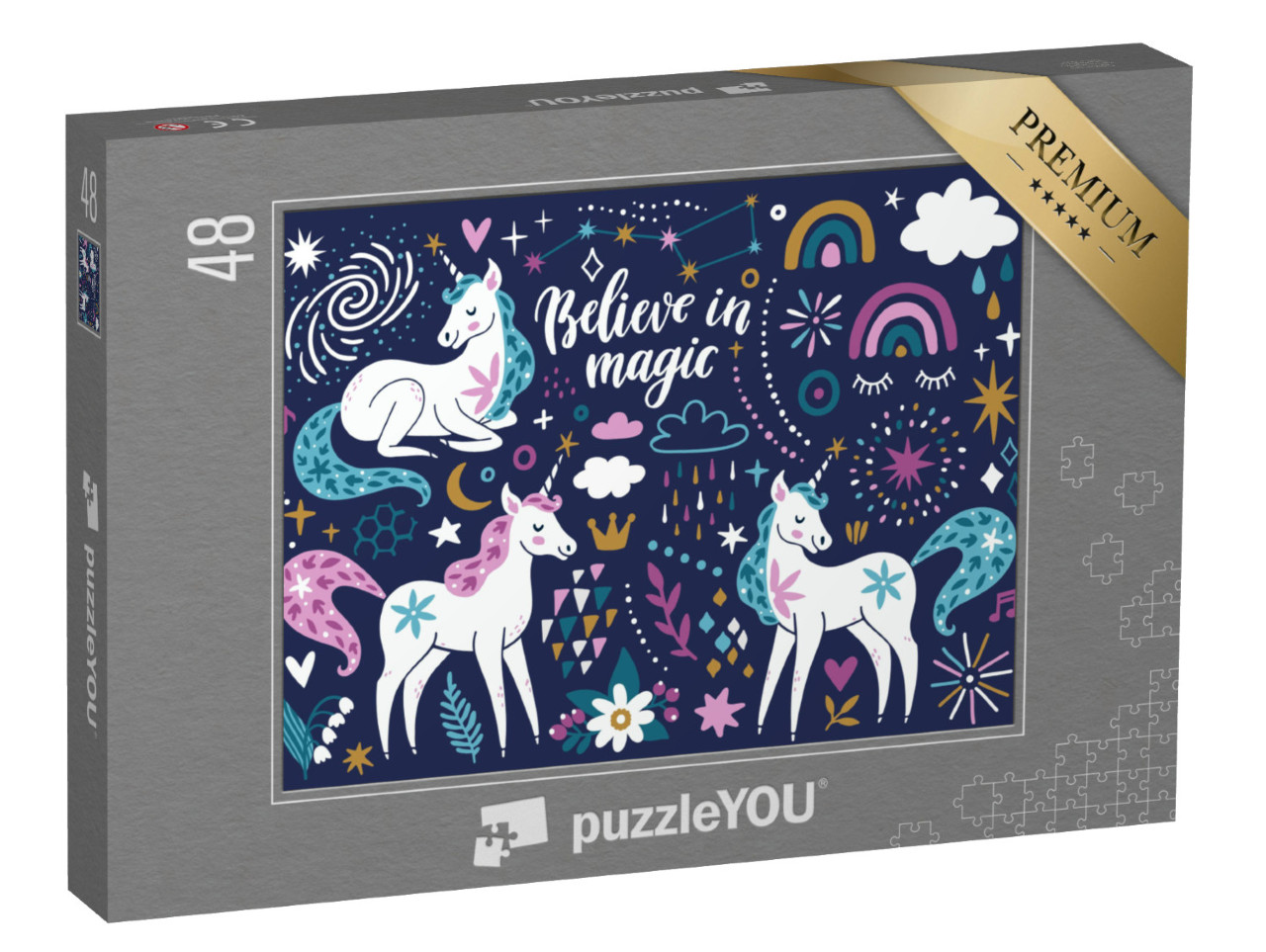 Puzzle 48 Teile „Einhörner, Regenbogen, Wolken, Blumen, Sterne und Funken“