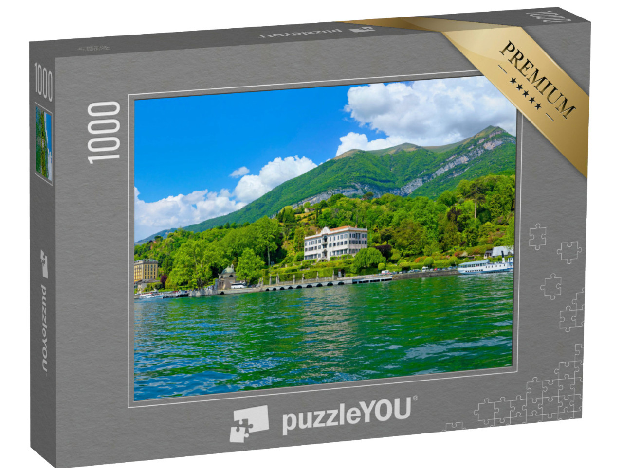Puzzle 1000 Teile „Sonniges Panorama am Comer See mit Ausflugsboot“