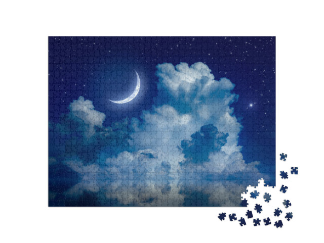 Puzzle 1000 Teile „Mondsichel im nächtlichen Sternenhimmel über dem Meer“