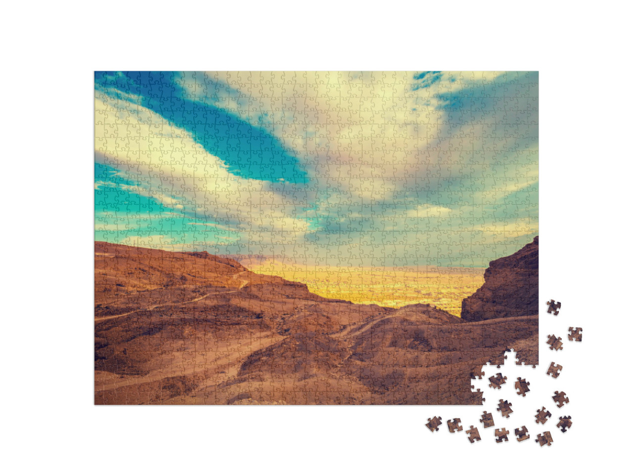 Puzzle 1000 Teile „Blick von Masada auf das Tal in der Judäischen Wüste, Israel“