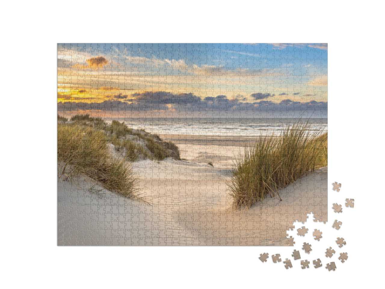 Puzzle 1000 Teile „Sonnenuntergang über den Dünen der Insel Ameland, Niederlande“