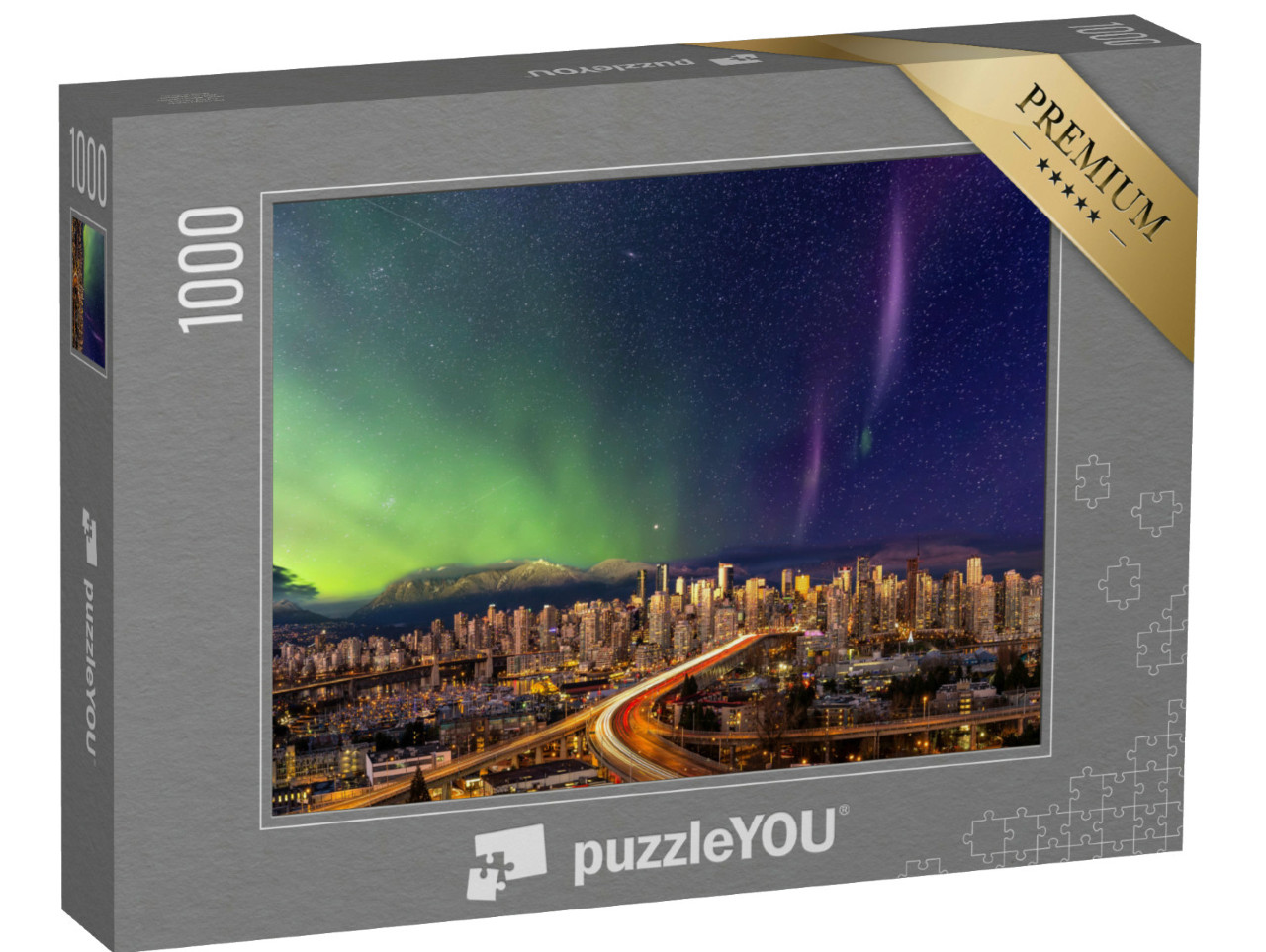 Puzzle 1000 Teile „Das Stadtzentrum von Vancouver mit Polarlicht“