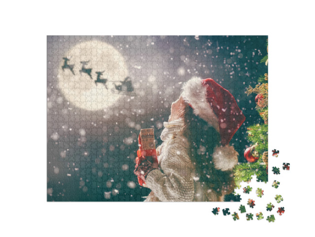 Puzzle 1000 Teile „Frohe Weihnachten: kleines Mädchen mit Weihnachtsgeschenk“