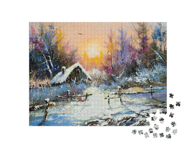 Puzzle 1000 Teile „Ölgemälde: Ländliche Winterlandschaft“
