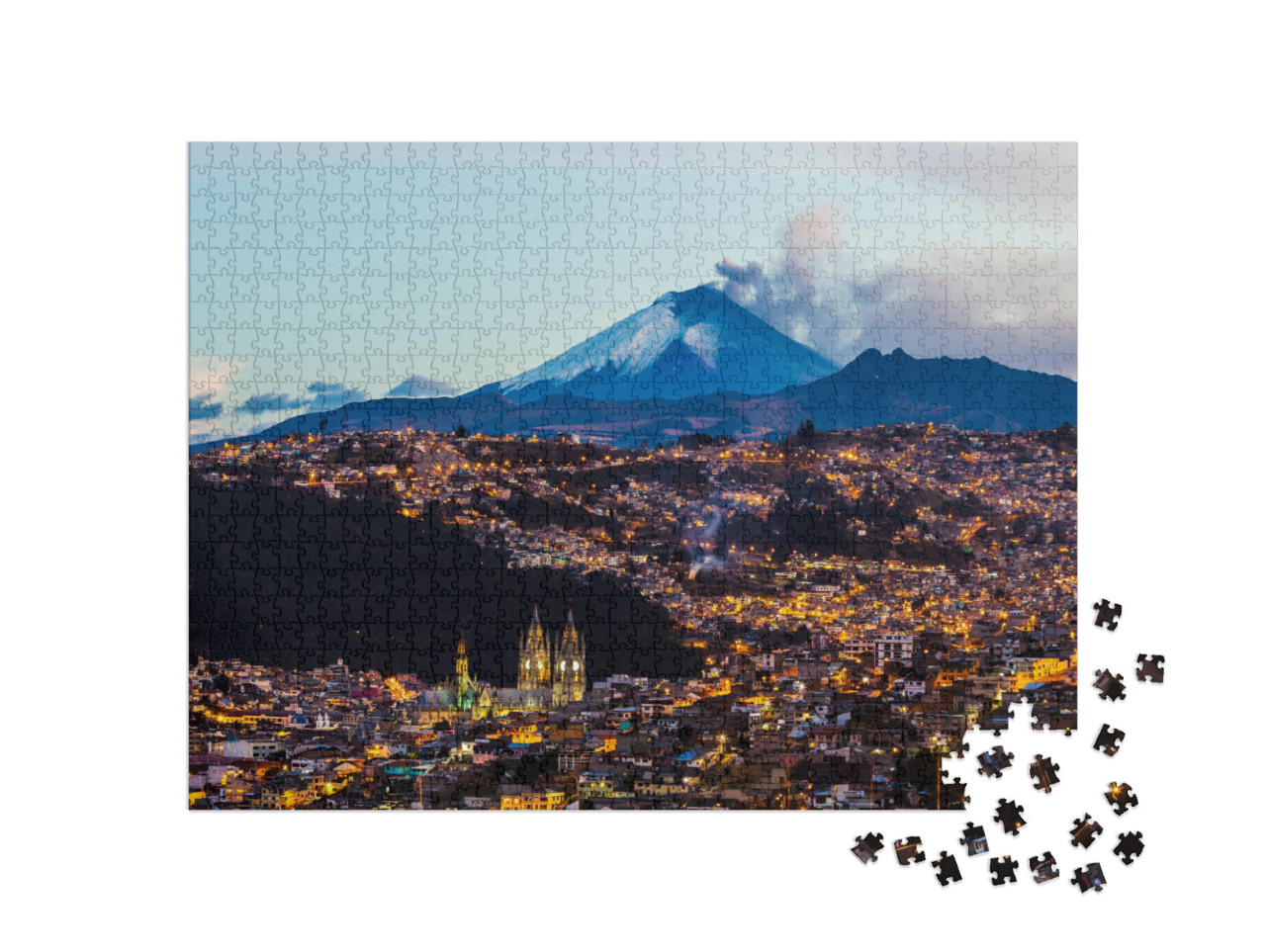 Puzzle 1000 Teile „Ausbruch des Vulkans Cotopaxi von Quito, Ecuador aus gesehen“