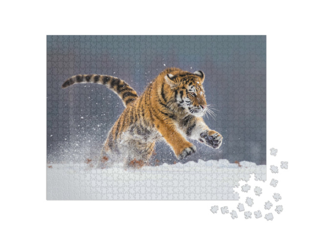 Puzzle 1000 Teile „Kraftvoll und majestätisch: Sibirischer Tiger im Schnee“
