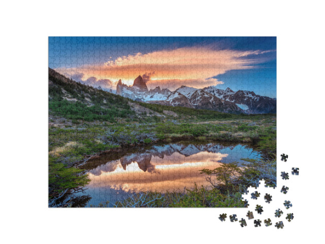 Puzzle 1000 Teile „Blick auf den Fitz Roy mit Spiegelung im See, Patagonien, Argentinien“