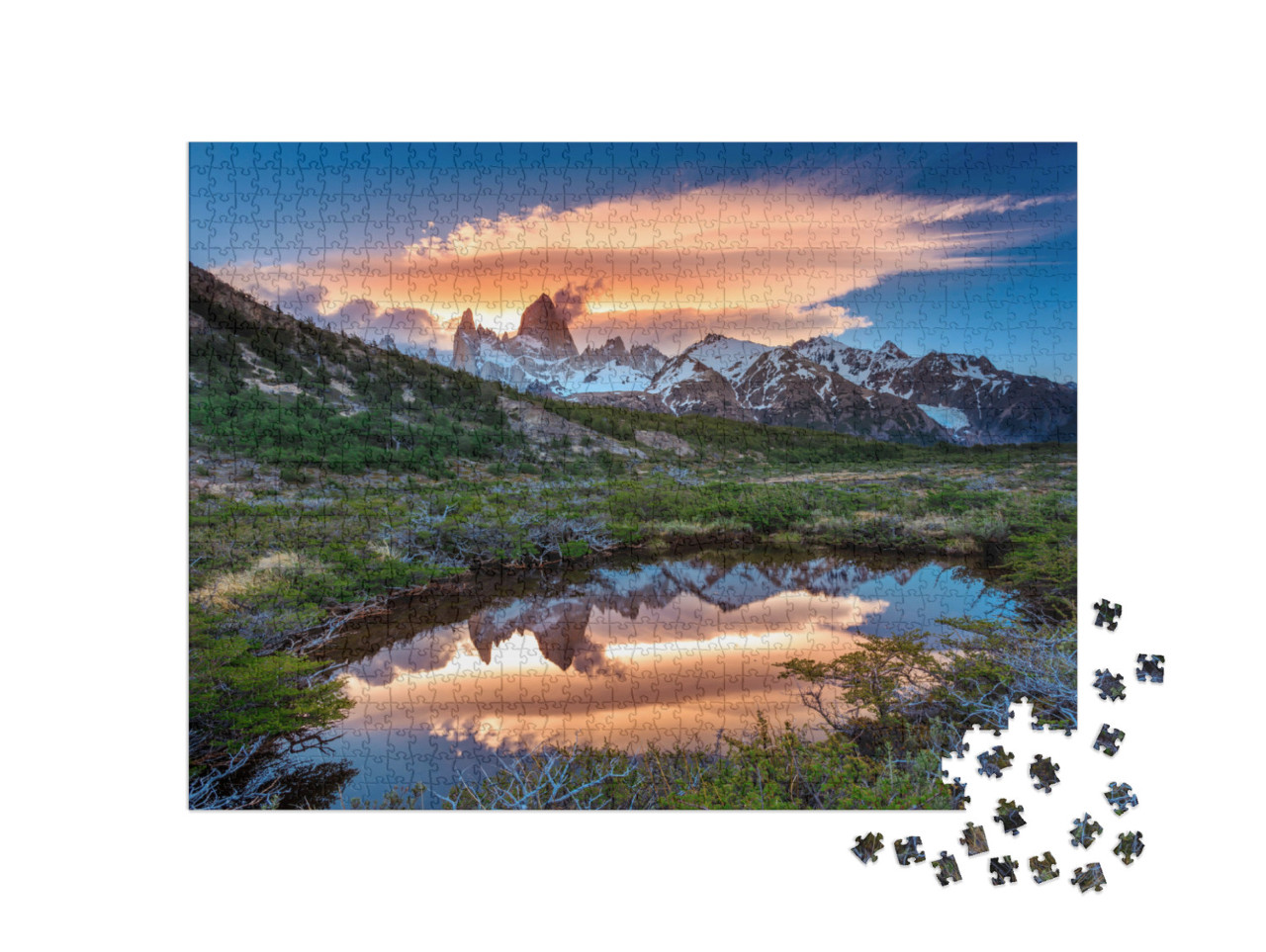 Puzzle 1000 Teile „Blick auf den Fitz Roy mit Spiegelung im See, Patagonien, Argentinien“