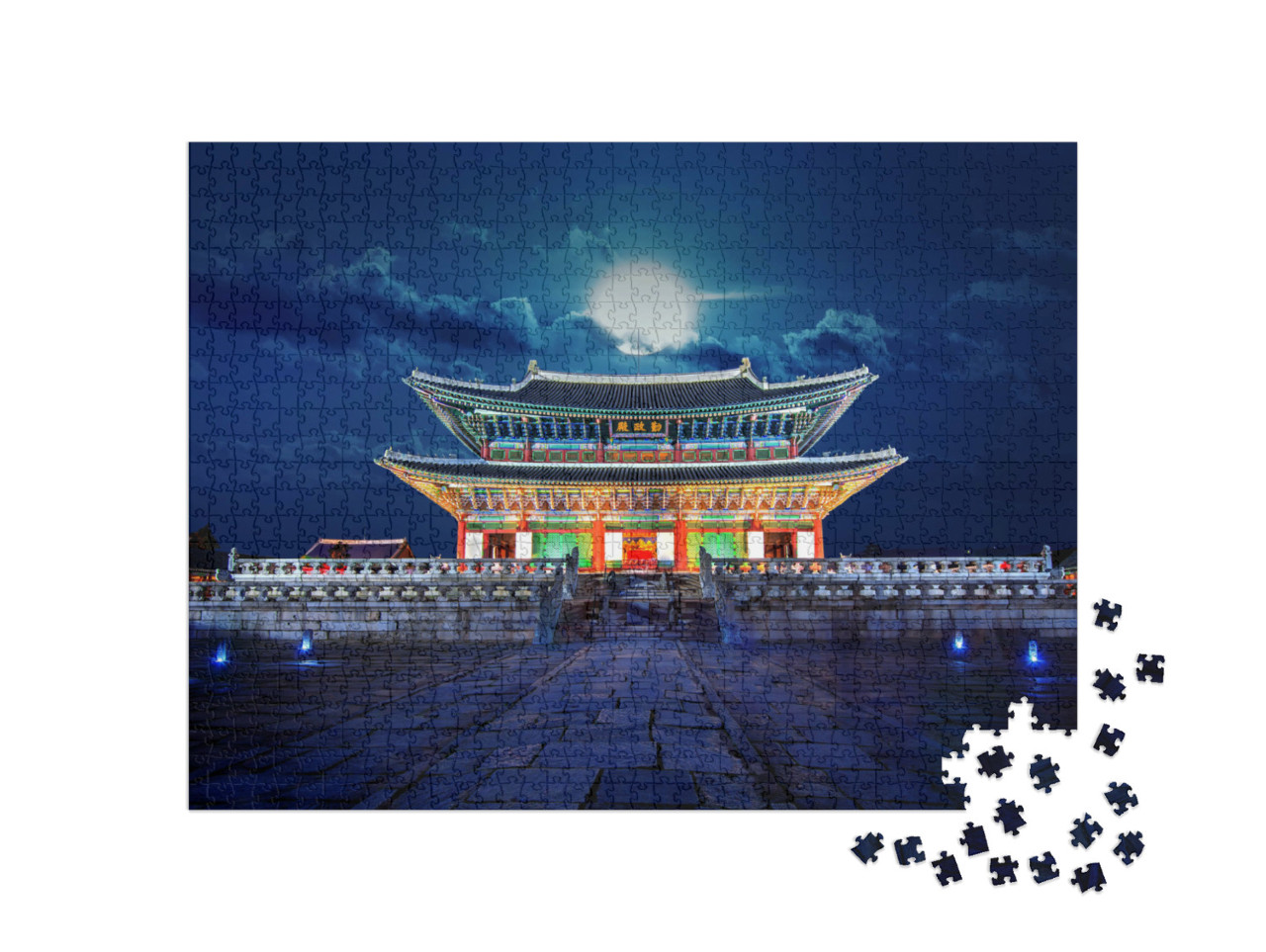 Puzzle 1000 Teile „Vollmond über dem Gyeongbokgung-Palast, Seoul, Südkorea“