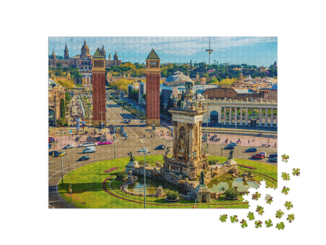 Puzzle 1000 Teile „Luftaufnahme auf Barcelona, Placa d'Espanya und Palau National, Spanien“